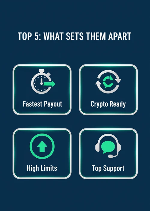 What sets the top 5 fast payout casinos apart — fastest payout, crypto-ready, high limits and top support.