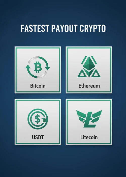 Fastest payout crypto at a fast payout casino — Bitcoin, Ethereum, USDT and Litecoin shown as icon tiles.